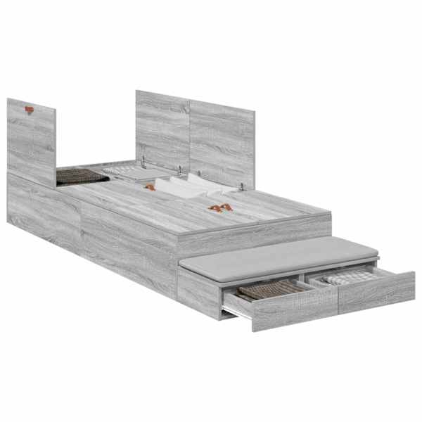 Sahtlitega voodiraam, hall sonoma, 100 × 200 cm, tehispuit — mudel 3335618