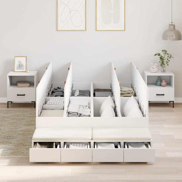 Sahtlitega voodiraam, valge, 120 × 200 cm, tehispuit — mudel 3335629