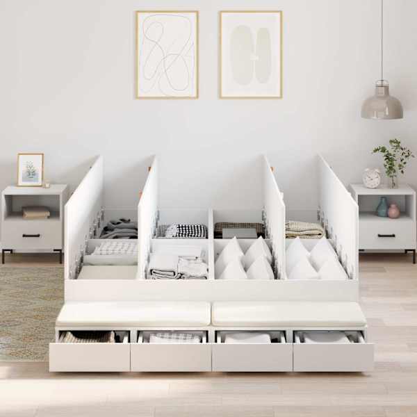 Sahtlitega voodiraam, valge, 150 × 200 cm, tehispuit — mudel 3335645