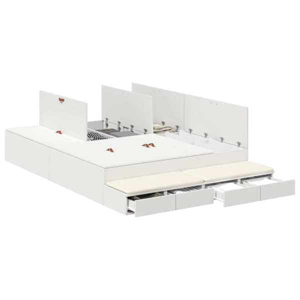 Sahtlitega voodiraam, valge, 150 × 200 cm, tehispuit — mudel 3335645