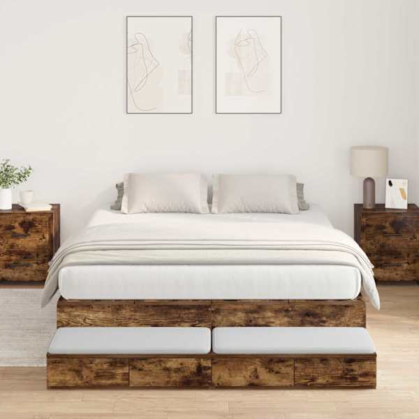 Sahtlitega voodiraam, suitsutatud tamm, 150 × 200 cm, tehispuit — mudel 3335649
