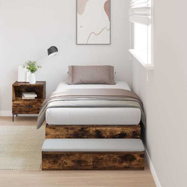 Sahtlitega voodiraam, suitsutatud tamm, 90 × 190 cm, tehispuit — mudel 3335673
