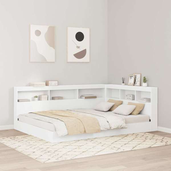 Voodiraam riiuliga, valge, 150 × 200 cm, tehispuit — mudel 3335734