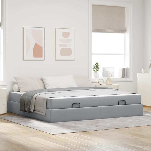 Voodiraam koos 2 madratsiga, helehall, 200 × 200 cm, kangas — mudel 3399515
