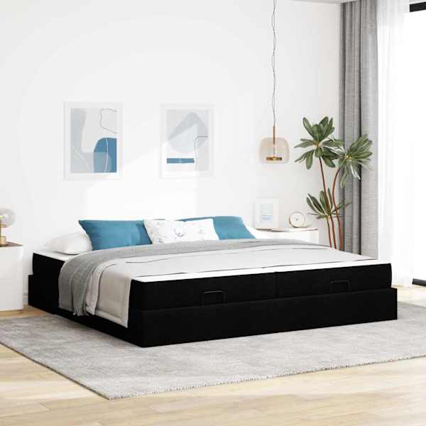Voodiraam koos 2 madratsiga, must, 200 × 200 cm, kangas — mudel 3399517