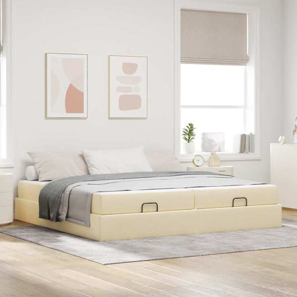 Voodiraam koos 2 madratsiga, kreemjasvalge, 200 × 200 cm, kangas — mudel 3399520