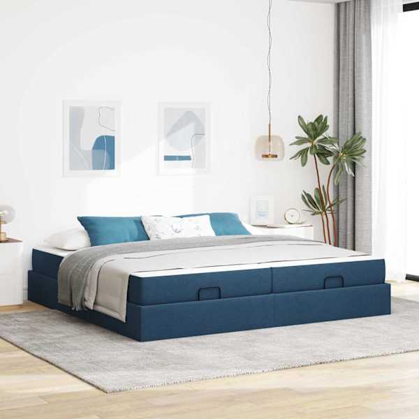 Voodiraam koos 2 madratsiga, sinine, 200 × 200 cm, kangas — mudel 3399521