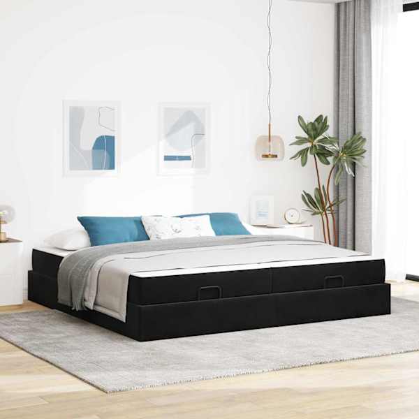 Voodiraam koos 2 madratsiga, must, 200 × 200 cm, samet — mudel 3399584