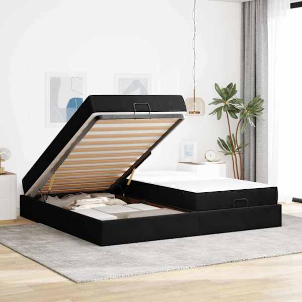 Voodiraam koos 2 madratsiga, must, 200 × 200 cm, samet — mudel 3399584