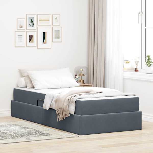 Panipaigaga voodiraam koos madratsiga, tumehall, 90 × 190 cm, samet — mudel 3399689