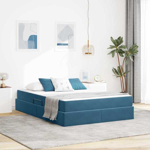 Panipaigaga voodiraam koos madratsiga, tumesinine, 140 × 200 cm, samet — mudel 3399728