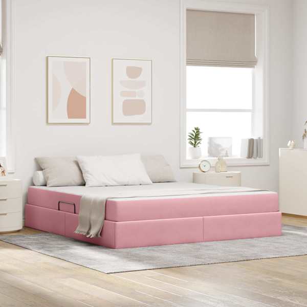 Panipaigaga voodiraam koos madratsiga, roosa, 160 × 200 cm, samet — mudel 3399735