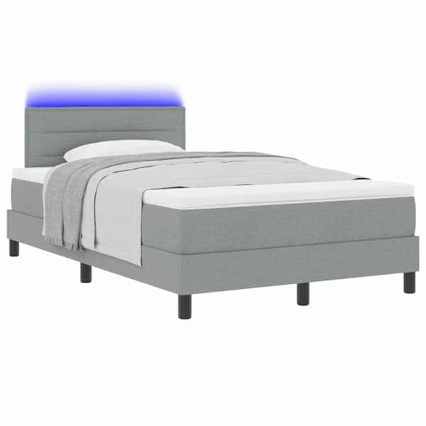 LED-valgustusega kontinentaalvoodi koos madratsiga, helehall, 120 × 190 cm, kangas — mudel 3342114
