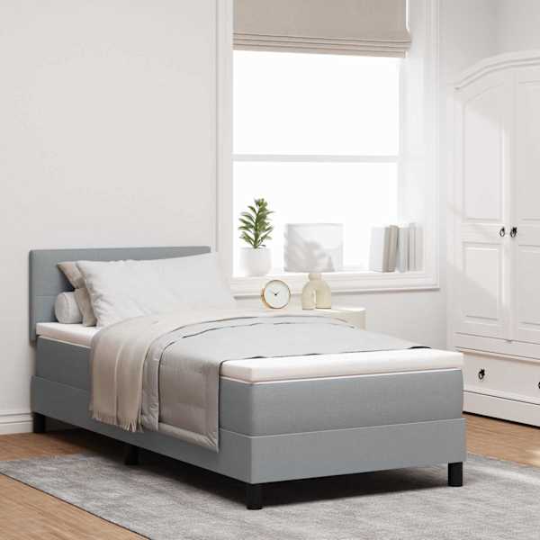LED-valgustusega kontinentaalvoodi koos madratsiga, helehall, 90 × 200 cm, kangas — mudel 3342177