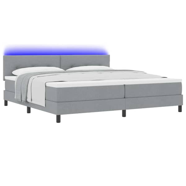 LED-valgustusega kontinentaalvoodi koos 2 madratsiga, helehall, 200 × 200 cm, kangas — mudel 3342233