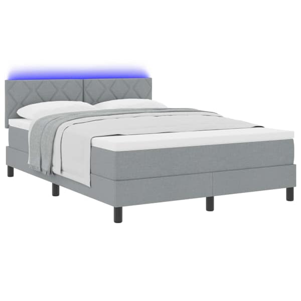 LED-valgustusega kontinentaalvoodi koos madratsiga, helehall, 140 × 190 cm, kangas — mudel 3342282