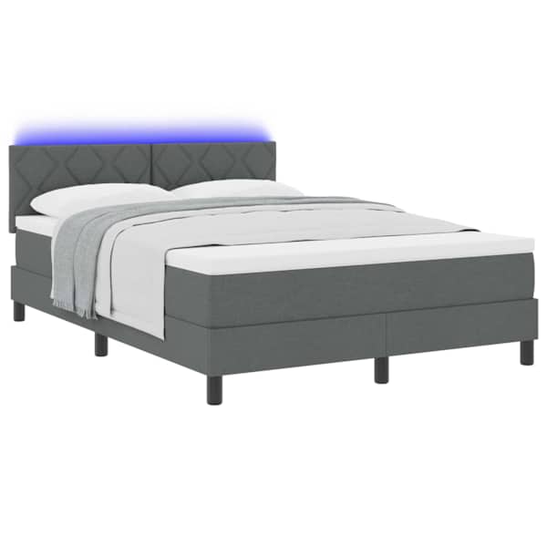 LED-valgustusega kontinentaalvoodi koos madratsiga, tumehall, 140 × 190 cm, kangas — mudel 3342283
