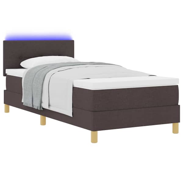 LED-valgustusega kontinentaalvoodi koos madratsiga, tumepruun, 90 × 190 cm, kangas — mudel 3342404