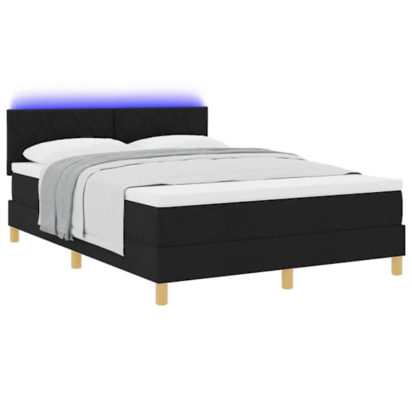 LED-valgustusega kontinentaalvoodi koos madratsiga, must, 160 × 200 cm, kangas — mudel 3342529