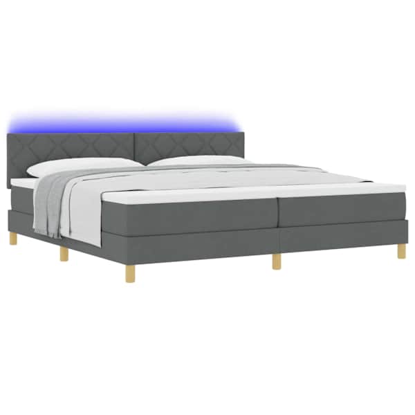 LED-valgustusega kontinentaalvoodi koos 2 madratsiga, tumehall, 200 × 200 cm, kangas — mudel 3342542