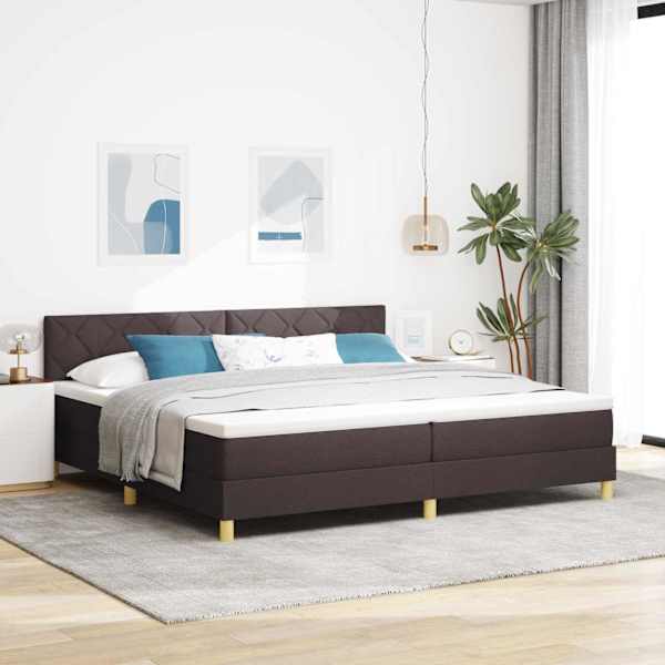 LED-valgustusega kontinentaalvoodi koos 2 madratsiga, tumepruun, 200 × 200 cm, kangas — mudel 3342544