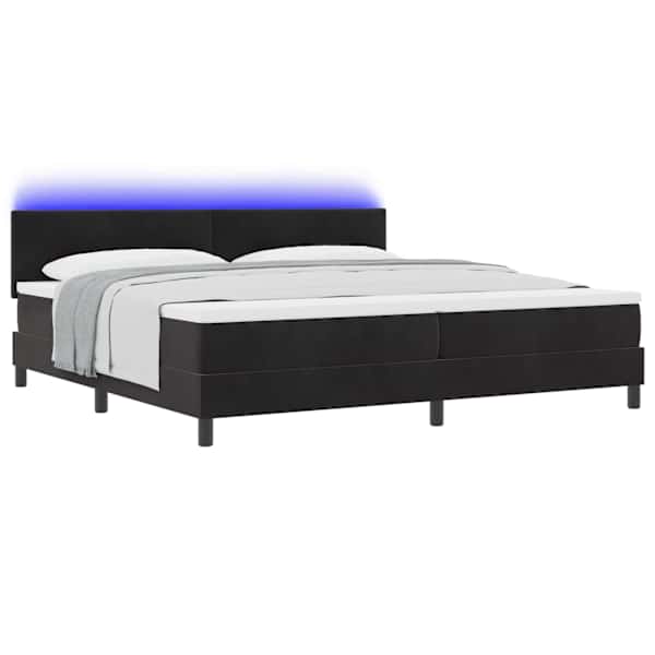 LED-valgustusega kontinentaalvoodi koos 2 madratsiga, must, 200 × 200 cm, samet — mudel 3342676