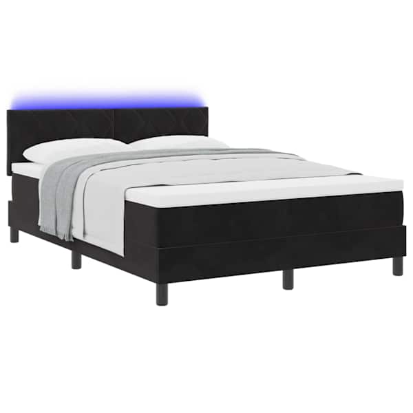 LED-valgustusega kontinentaalvoodi koos madratsiga, must, 160 × 200 cm, samet — mudel 3342730