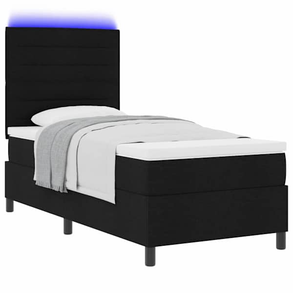 LED-valgustusega kontinentaalvoodi koos madratsiga, must, 90 × 190 cm, kangas — mudel 3342755