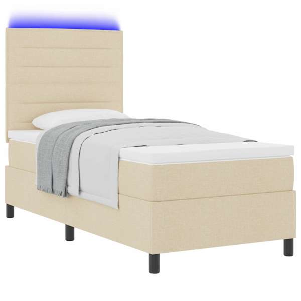 LED-valgustusega kontinentaalvoodi koos madratsiga, kreemjasvalge, 90 × 200 cm, kangas — mudel 3342765
