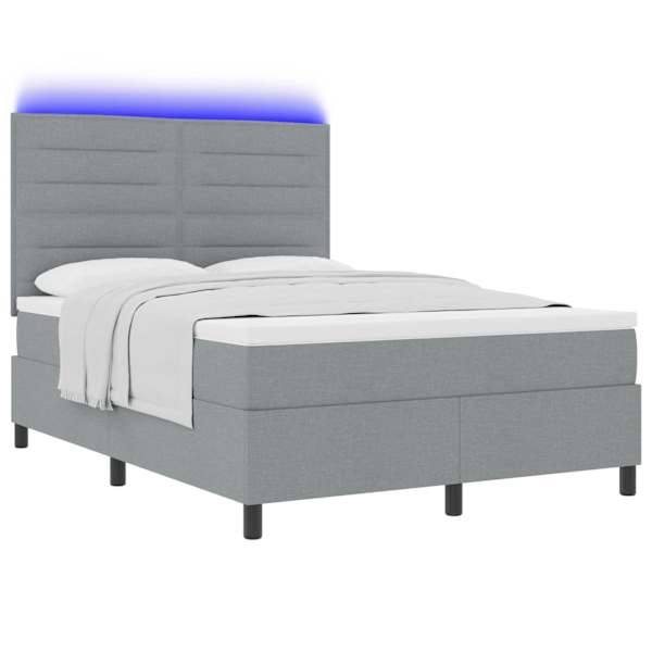 LED-valgustusega kontinentaalvoodi koos madratsiga, helehall, 140 × 190 cm, kangas — mudel 3342788