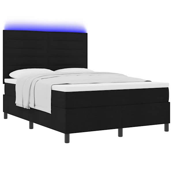 LED-valgustusega kontinentaalvoodi koos madratsiga, must, 140 × 200 cm, kangas — mudel 3342797