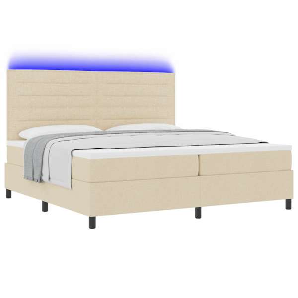 LED-valgustusega kontinentaalvoodi koos madratsiga, kreemjasvalge, 200 × 200 cm, kangas — mudel 3342821