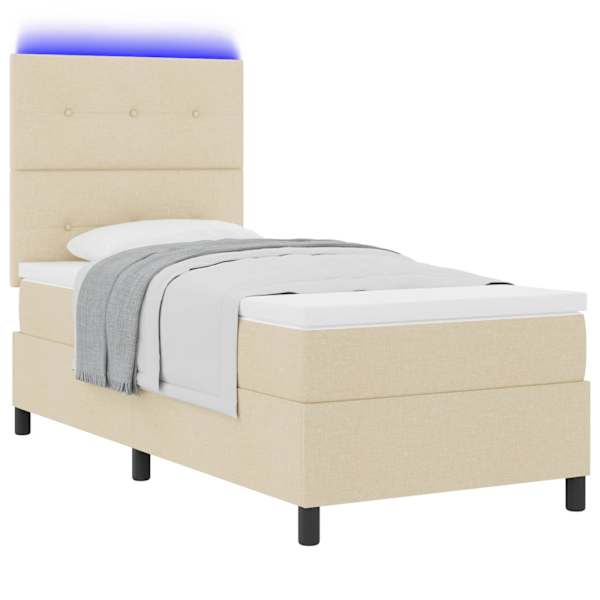 LED-valgustusega kontinentaalvoodi koos madratsiga, kreemjasvalge, 100 × 200 cm, kangas — mudel 3342849