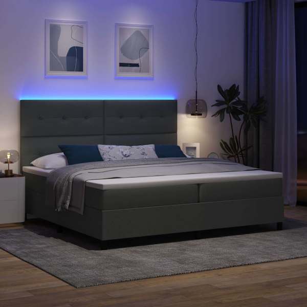 LED-valgustusega kontinentaalvoodi koos madratsiga, tumehall, 200 × 200 cm, kangas — mudel 3342894
