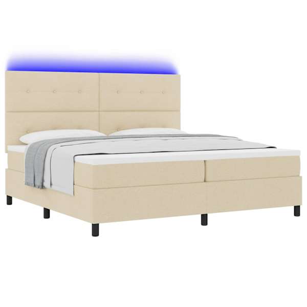 LED-valgustusega kontinentaalvoodi koos madratsiga, kreemjasvalge, 200 × 200 cm, kangas — mudel 3342898