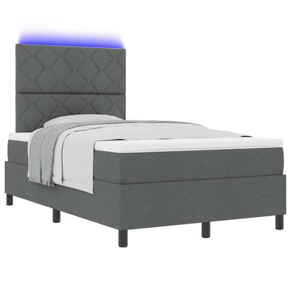 LED-valgustusega kontinentaalvoodi koos madratsiga, tumehall, 120 × 190 cm, kangas — mudel 3342929