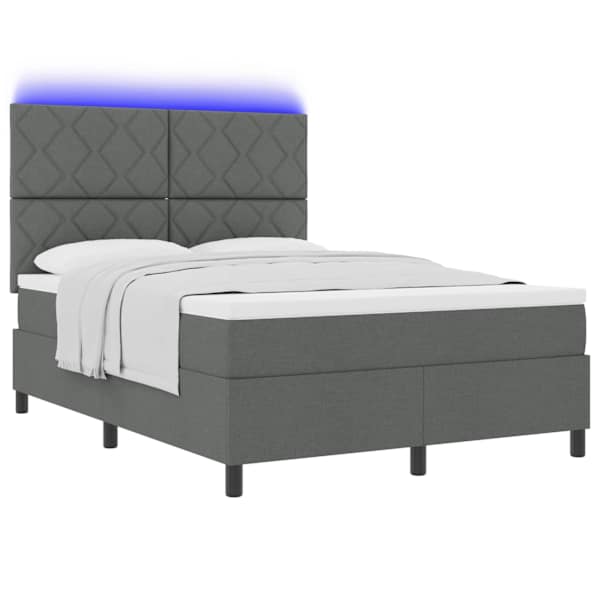 LED-valgustusega kontinentaalvoodi koos madratsiga, tumehall, 140 × 190 cm, kangas — mudel 3342943