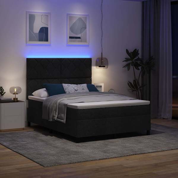 LED-valgustusega kontinentaalvoodi koos madratsiga, must, 160 × 200 cm, kangas — mudel 3342958