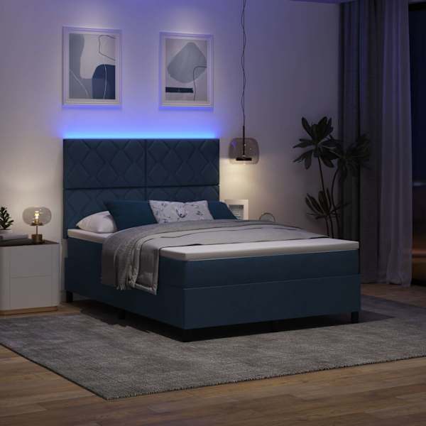 LED-valgustusega kontinentaalvoodi koos madratsiga, sinine, 160 × 200 cm, kangas — mudel 3342962