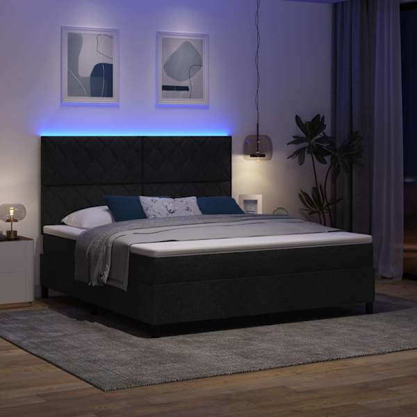 LED-valgustusega kontinentaalvoodi koos madratsiga, must, 180 × 200 cm, kangas — mudel 3342965