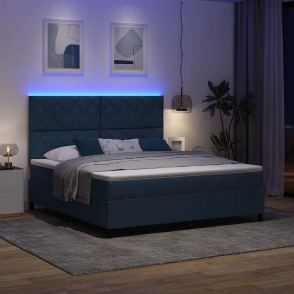 LED-valgustusega kontinentaalvoodi koos madratsiga, sinine, 180 × 200 cm, kangas — mudel 3342969