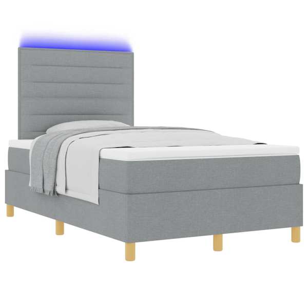 LED-valgustusega kontinentaalvoodi koos madratsiga, helehall, 120 × 190 cm, kangas — mudel 3343005