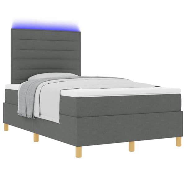 LED-valgustusega kontinentaalvoodi koos madratsiga, tumehall, 120 × 190 cm, kangas — mudel 3343006