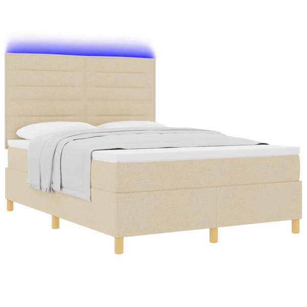 LED-valgustusega kontinentaalvoodi koos madratsiga, kreemjasvalge, 140 × 190 cm, kangas — mudel 3343024