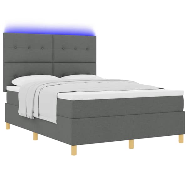 LED-valgustusega kontinentaalvoodi koos madratsiga, tumehall, 140 × 190 cm, kangas — mudel 3343097