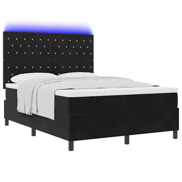 LED-valgustusega kontinentaalvoodi koos madratsiga, must, 160 × 200 cm, samet — mudel 3343258