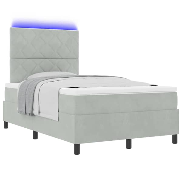 LED-valgustusega kontinentaalvoodi koos madratsiga, helehall, 120 × 190 cm, samet — mudel 3343364