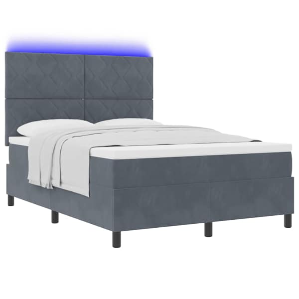 LED-valgustusega kontinentaalvoodi koos madratsiga, tumehall, 140 × 190 cm, samet — mudel 3343377