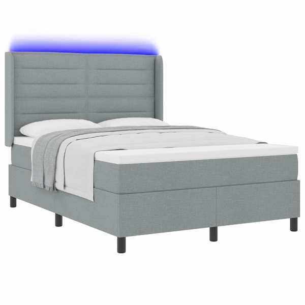 LED-valgustusega kontinentaalvoodi koos madratsiga, helehall, 140 × 190 cm, kangas — mudel 3343434