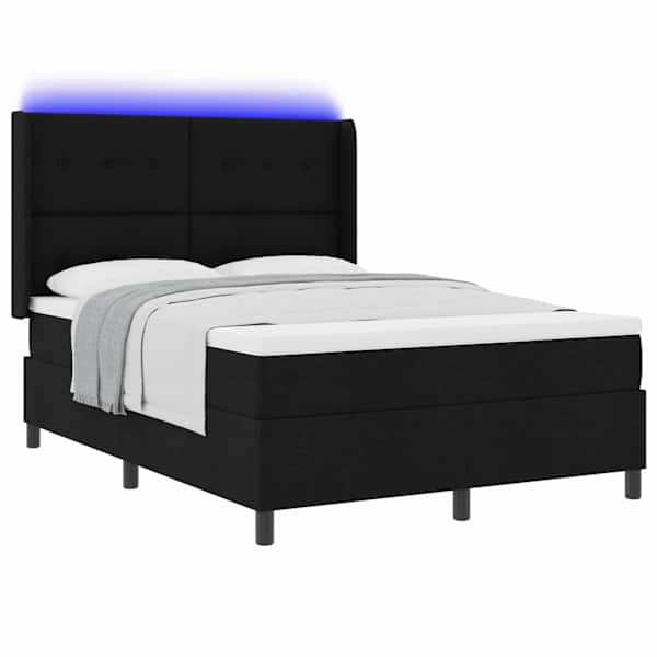 LED-valgustusega kontinentaalvoodi koos madratsiga, must, 140 × 200 cm, kangas — mudel 3343506